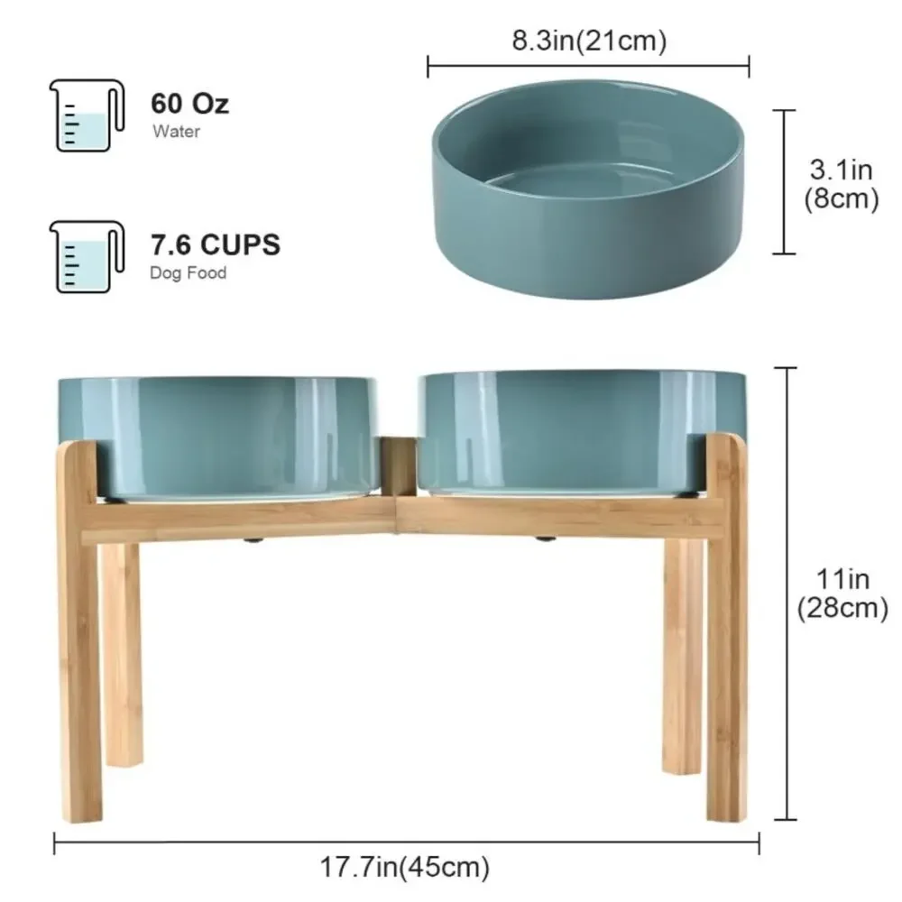Elevated Ceramic Dog Bowls 60oz Bamboo Stand Dark Green Open Box